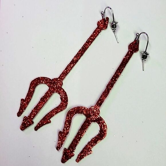 Red Devil Pitchfork Trident Dangle Earrings - Picture 3 of 6